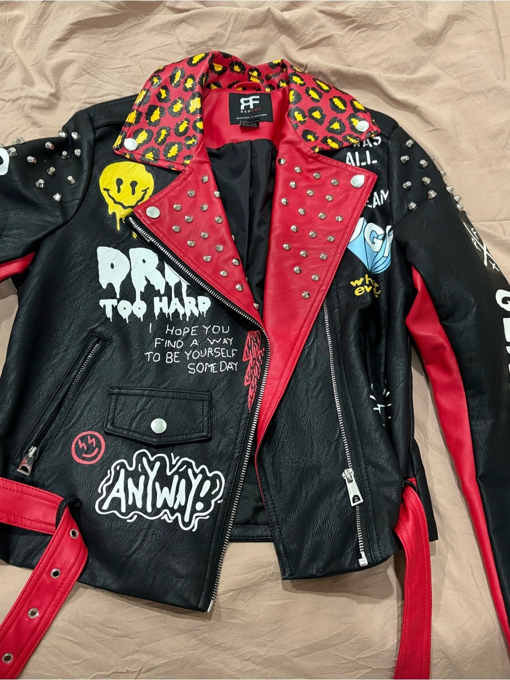 Studded Black & Red Graphic Leather Biker Jacket